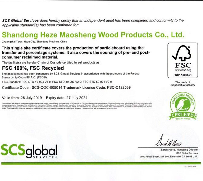 FSC-COC CERTIFICATE,Shandong Heze Maosheng Wood Products Co. Ltd.