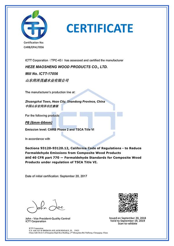 CARB-EPA,Shandong Heze Maosheng Wood Products Co. Ltd.
